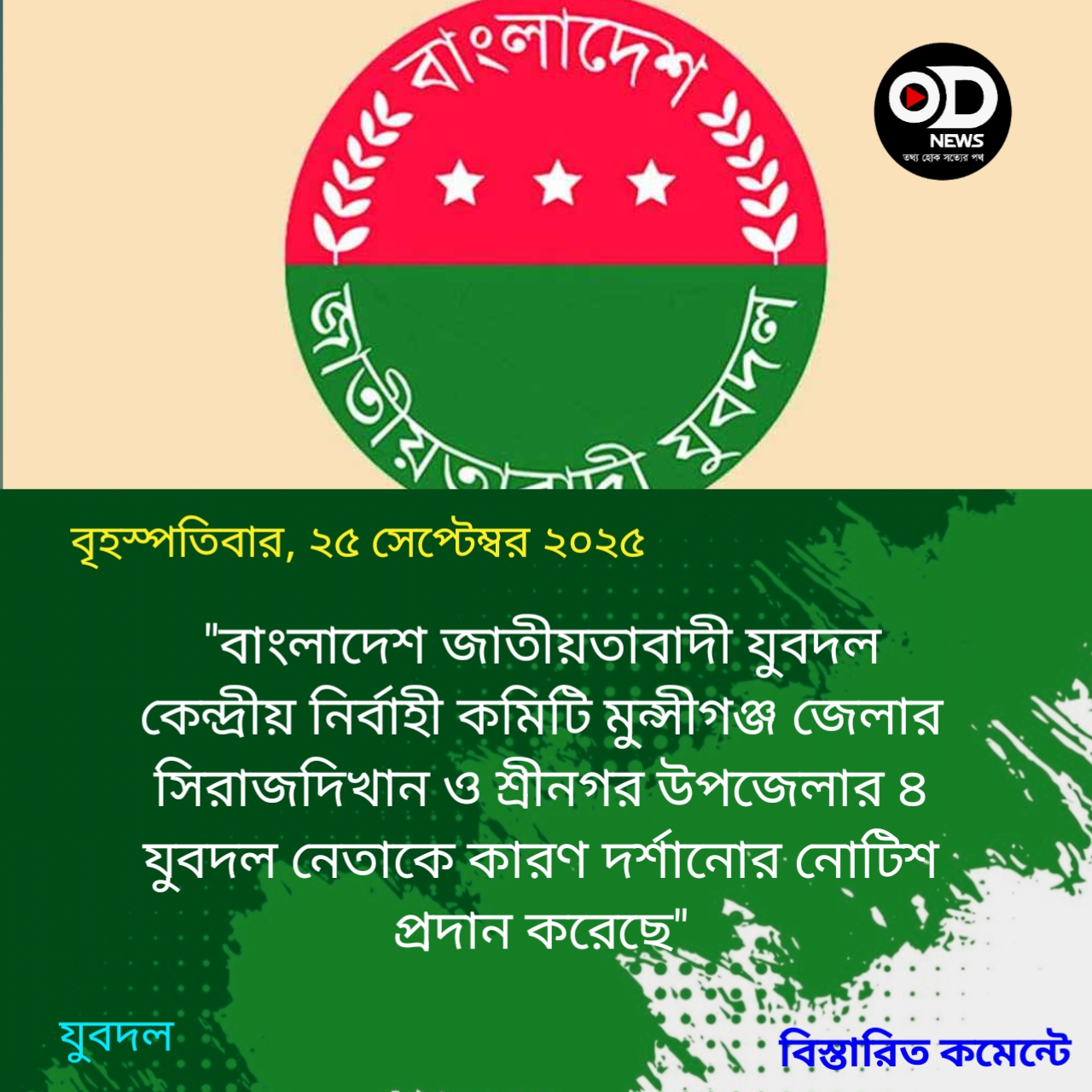 যুবদলের ৪ নেতাকে কারণ দর্শানোর নোটিশ