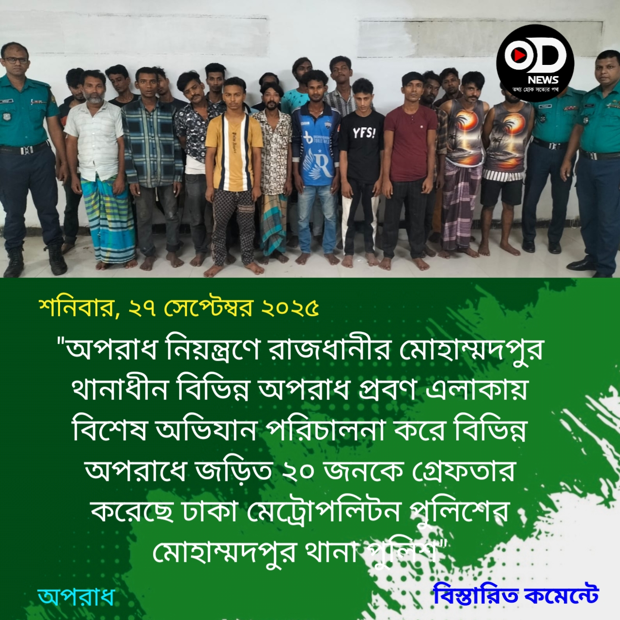 বিশেষ অভিযানে বিভিন্ন অপরাধে জড়িত ২০ জনকে গ্রেফতার করেছে মোহাম্মদপুর থানা পুলিশ