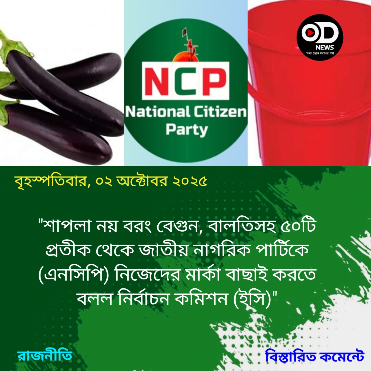 এনসিপিকে বেগুন-বালতিসহ ৫০ প্রতীকের অপশন
